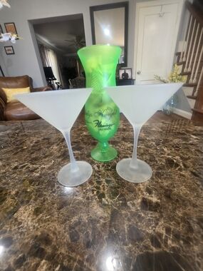 Source Unknown Frosted Martini Glasses with Neon Green Hurricane Glass